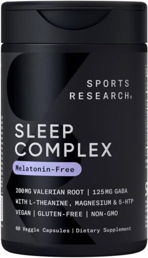 Sports Research® Sleep Complex- Melatonin-Free Vegan Capsules – with Valerian Root, GABA, L-Theanine, Magnesium & 5-HTP – 30 Servings