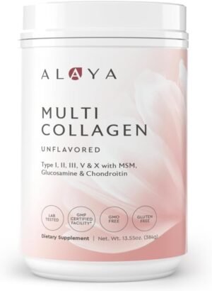 Alaya Multi Collagen Powder – Type I, II, III, V, X Hydrolyzed Collagen Peptides Protein Powder Supplement with MSM + GC (Unflavored) (40 Servings)