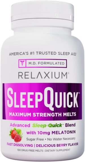 Relaxium Sleep Quick Maximum Strength Melts, Fast Acting Sleep Aid with 10 mg Melatonin, Drug Free Dietary Supplement, Vegan, Gluten Free, Made in USA, 100 Servings, Berry Flavor