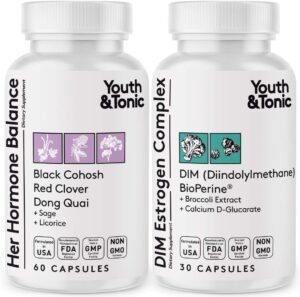 Youth & Tonic Menopause & PMS Support for Women Through Balanced Estrogen Metabolism – 90 Pills with DIM Black Cohosh Red Clover Dong Quai Soy Isoflavones