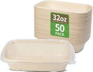 bloomoon 50 Pack 32 oz Paper Meal Prep Bowls with Lids for Salad, Pasta, Nacho, Burrito, Paper Meal Prep Container Take Out Food Container with Lid (50 bowls 50 lids)