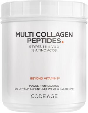 Codeage Multi Collagen Protein Powder Peptides, Hydrolyzed Collagen for Women & Men, Collagen Supplements, Grass Fed Bone Broth, 2-Month Supply, Unflavored, Type 1, 2, 3, 5 & 10, Non-GMO – 20 OZ