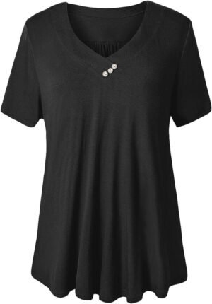 FOLUNSI Women’s Plus Size Short Sleeve Henley Shirt V Neck Floral Blouses Tunic Tops M-4XL