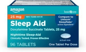 Amazon Basic Care Nighttime Sleep Aid Tablets for Adults, Doxylamine Succinate 25 mg, 96 Count
