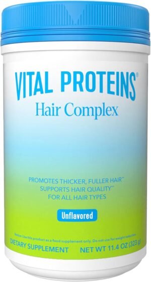 Vital Proteins Collagen Peptides + Biotin 10000mcg Hair Complex, Hair Growth Supplement – Clinically Studied Lustriva to Promote Thicker Fuller Hair, 20g Unflavored Collagen for Women 11.4oz Powder