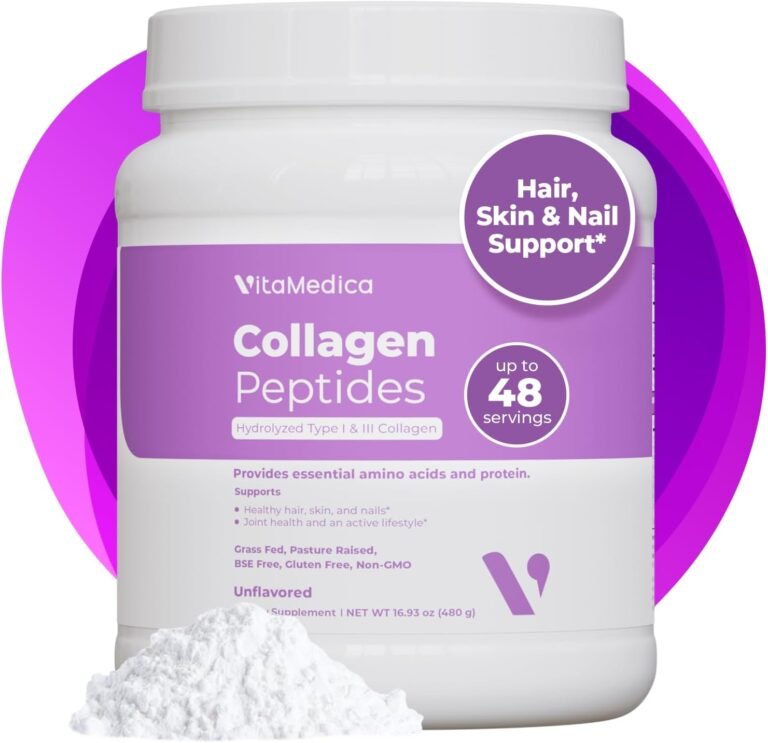 VitaMedica Collagen Peptides Powder for Women & Men – Healthy Hair, Skin, Nails, Bones and Joints – Hydrolyzed Types I & III, Grass-Fed, Pasture-Raised Protein, Zero Sugar – 48 Servings