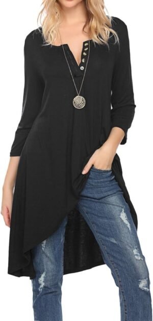 Naggoo Women’s 3/4 Sleeve Button V Neck High Low Loose Fit Casual Long Tunic Tops Tee Shirts S-3XL