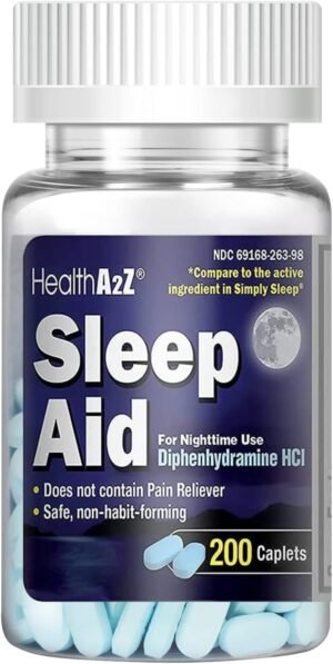 HealthA2Z Sleep Aid 200 Caplets | Diphenhydramine HCl 25mg | Regular Strength Sleeping Pills | Safe & Non-Habit-Forming