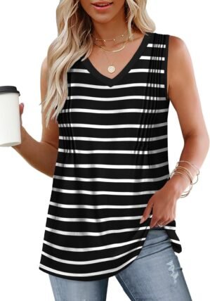 WIHOLL Summer Womens Tank Tops Loose Fit Pleated 2025 V Neck Sleeveless Tops Casual（S-3XL