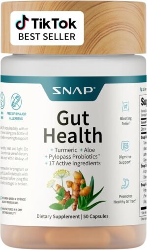 Gut Health Supplement with Turmeric, Aloe & Pylopass Probiotics – Digestive, Bloating & Mucosal Support – 15 Active Ingredients – 50 Capsules