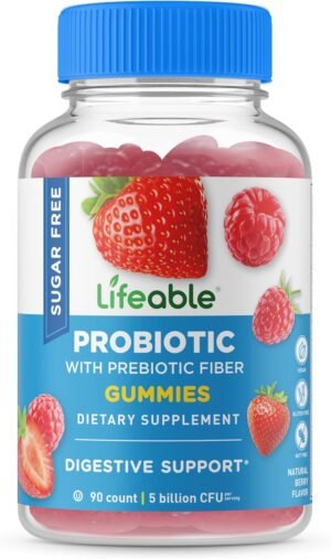 Lifeable Sugar Free Probiotics with Prebiotics Fiber – Great Tasting Natural Flavor Gummy Supplement – Keto Friendly Chewable – for Gut Health and Immune Support – for Adults, Man, Women – 90 Gummies