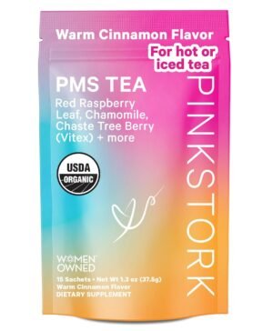 Pink Stork Organic PMS Tea for Hormone Balance, Mood Swings, Bloating, and Period Regularity – 8 Herbs – Vitex, Red Raspberry Leaf, Chamomile – Caffeine-Free – 15 Sachets, Hot or Iced