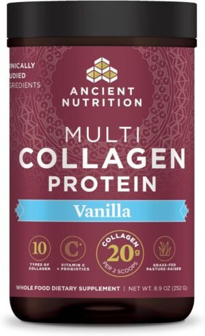 Ancient Nutrition Collagen Peptides Powder, Multi Collagen Protein, Women & Men, Vitamin C, Probiotics, Hydrolyzed Collagen, Supports Skin, Joints, Gut Health, Vanilla, 24 Servings