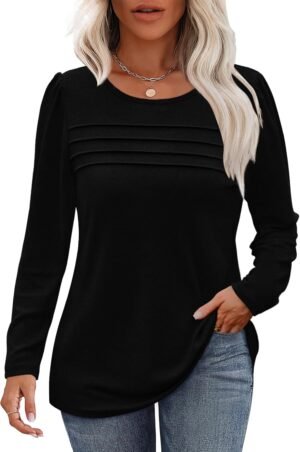 OFEEFAN Long Sleeve Shirts for Women Fall Fashion 2025 Dressy Casual Blouses Trendy Pleated Tunic Tops for Leggings