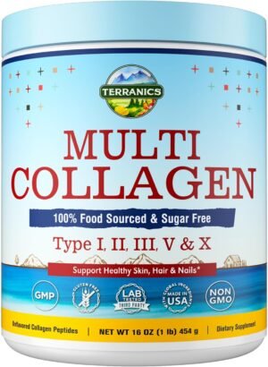 Terranics Multi Collagen Peptides Powder, Type I II III V X Hydrolyzed Collagen for Women+Men, Collagen Supplements for Skin Nail Hair, Fast Dissolve, Unflavored Colageno, No Sugar, Keto, 16oz