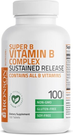 Bronson Super B Vitamin B Complex Sustained Slow Release (Vitamin B1, B2, B3, B6, B9 – Folic Acid, B12) Contains All B Vitamins 100 Tablets