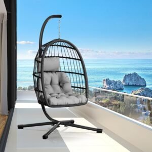 Egg Chair with Stand,Patio Rattan Wicker Hanging Swing Egg Chair Hammock Chair for Bedroom Porch Garden,Thickened Aluminum Alloy Steel Frame and UV Resistant Cushion,350LBS Capacity