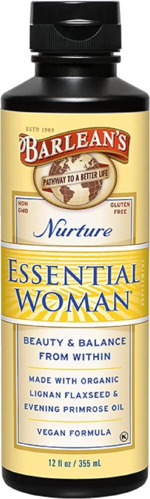 Barlean’s Essential Woman Liquid Supplement for Women, Organic Flaxseed, Evening Primrose Oil and Soy Isoflavones, Omega 3 6 9 and GLA, 12 oz