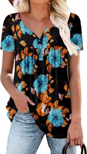 ROSELINLIN Women’s Short Sleeve Shirts Floral Summer Tops Loose Fit for Leggings
