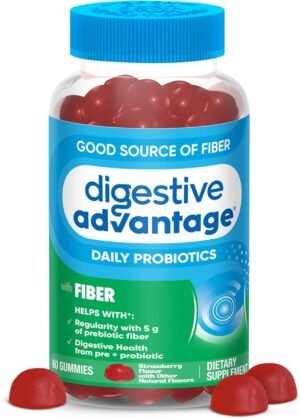 Digestive Advantage Prebiotic Fiber Gummies + Probiotics for Gut Health, 5g Prebiotic Fiber Plus 1 Billion CFU Probiotic, Supports Digestive Health & Regularity, (60ct Bottle) Strawberry Flavor