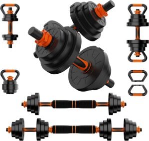 VTORY Adjustable Dumbbell Set, 30/50/70/90lbs Free Weights Dumbbells Set, 4 in1 Dumbbell Barbell Kettlebell Push-Up Stand Weight Set, Dual-Lock Safety Grip, Ergonomic Design, Weight Set for Home Gym, Set of 2