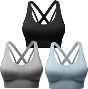 Strappy Sports Bras for Women, Scoop Neck Medium Support Yoga Bra Seamless Criss Cross Longline High Impact Workout Bras