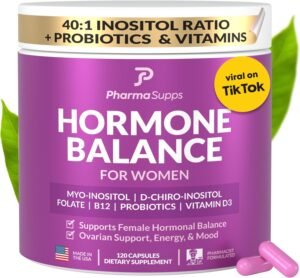 Hormone Balance for Women, Ovarian Support, Fertility, Menstrual Cycle, PCOS | Myo-Inositol & D-Chiro Inositol Supplement 40:1 Ratio w/Folic Acid for Hormonal Balance, B12 & Probiotics – 120 Count