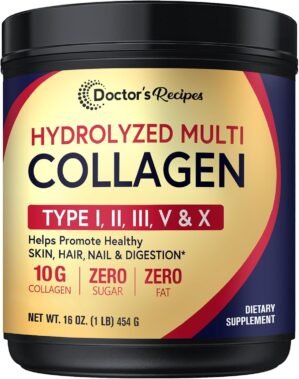 Doctor’s Recipes Multi Collagen Peptides Powder for Women & Men, Grass-Fed Bovine Hydrolyzed Protein Type I II III V X, for Skin, Hair, Nails, Unflavored, Easy to Dissolve, Paleo & Keto, 16oz