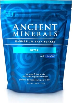 Ancient Minerals Magnesium Bath Flakes Ultra with OptiMSM – Resealable Magnesium Bag of Zechstein Chloride Alternative to Epsom Bath Salt (1.65 lb)