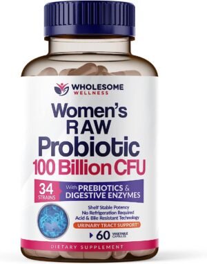 Wholesome Wellness Dr. Formulated Raw Probiotics for Women 100 Billion CFUs Capsules with Prebiotics, Digestive Enzymes, Approved for Adults, Shelf Stable Supplement
