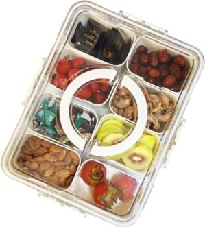 Divided Clear Snackle Box Container, Serving Tray with Lid & Handle, Charcuterie Board Container Storage Organizer for Fruit, Candy, Veggie, Nuts & Snacks, Perfect for Party, Travel, & Picnic