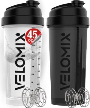 -2 Pack- 45 oz Protein Shaker Bottles for Protein Mixes – 2x Wire Whisk | Leak Proof Shaker Cups for Protein Shakes | Protein Shaker Bottle Pack | Shakers for Protein Shakes-Black&Transparent