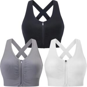 Evercute Zip Front Post-Surgery Bra Women’s Wireless Sports Bras Padded Strappy Medium Support Yoga Exercise Athletic Bras