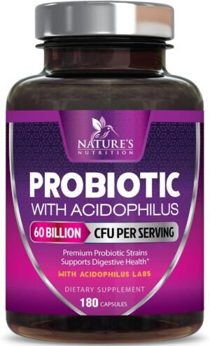 Probiotics 60 Billion CFU per Serving – 10 Strains + Prebiotics – Immune, Digestive & Gut Health Support, Supports Occasional Constipation, Gas & Bloating for Women & Men, Shelf Stable – 180 Capsules