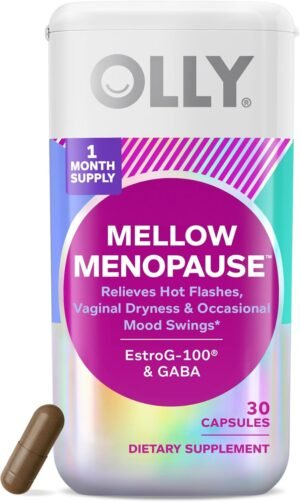 OLLY Mellow Menopause Supplements for Women, Supports Hot Flashes, Vaginal Dryness & Occasional Mood Swings,* Estro-G100®, GABA, Vegan Capsules, 1 Month Supply – 30 Count