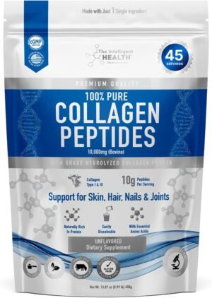 Hydrolyzed Collagen Peptides Powder, Grass Fed, High Protein, Unflavored, Gluten-Free, Paleo & Keto Friendly, 10g per Serving (450g) Supports Skin, Hair, Nails, Joints, & Bones