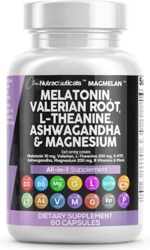 Clean Nutraceuticals Melatonin 10mg Valerian Root L Theanine 200mg Ashwagandha – Sleep Support for Women & Men with Magnesium Complex, Lemon Balm, Chamomile, & Passion Flower – 60 Caps
