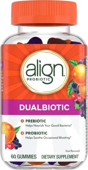 Align DualBiotic, Prebiotic + Probiotic for Women and Men, Help Nourish and Add Good Bacteria for Digestive Support, Natural Fruit Flavors, 60 Gummies