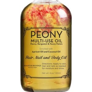 Peony Multi-Use Oil for Face, Body and Hair – Organic Blend of Apricot, Vitamin E Sweet Almond Oil for Dry Skin, Rose Petals & Bergamot Essential Oil – 4 Fl Oz