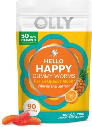 OLLY Hello Happy Gummy Worms, Mood Balance Support, Vitamin D, Saffron, Adult Chewable Supplement, Gluten Free, Tropical Zing – 90 Count