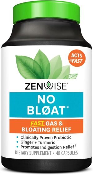 Zenwise Health NO Bloat Probiotics for Women and Men Digestive Health with Ginger, Dandelion, and Lactase, Digestive Enzymes for Gas and Bloating Relief – Vegan Water Retention Pills – 48 CT