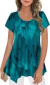Nandashe Women Short Sleeves Tunic Shirts Casual Scoop Neck Floral Irregular Hem Blouses Tops