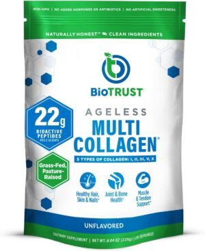BioTrust Ageless Multi Collagen Peptides Powder – 5 Types (I, II, III, V, X) – Unflavored Collagen Powder for Women & Men – Hydrolyzed Protein – Grass Fed Beef, Fish, Chicken, Eggshell Membrane