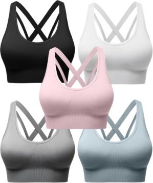 Strappy Sports Bras for Women, Scoop Neck Medium Support Yoga Bra Seamless Criss Cross Longline High Impact Workout Bras