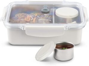 Bliss – Stainless Steel Leak Proof Bento Lunch Box, Meal Prep container for Adults; 3 Compartments, Modern bento Box, Microwave Safe| Lunchbox| Bentobox | Lunch container (Vanilla, 42 OZ)