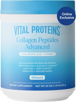 Vital Proteins Collagen Peptides Powder Advanced with Hyaluronic Acid & Vitamin C – 20oz Collagen Protein, Unflavored, 28 Servings