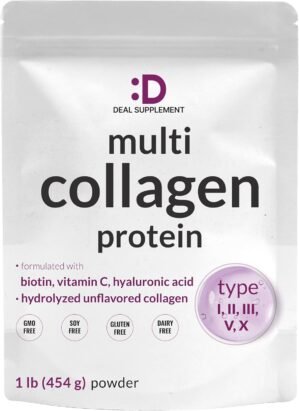 Multi Collagen Protein Powder,1Lb – Type I, II, III, V, X Collagen Peptides with Biotin 10000mcg, Vitamin C & Hyaluronic Acid – Unflavored – Keto & Paleo Friendly, Great for Hair, Skin, Nails & Joints