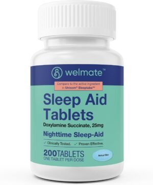 WELMATE | Doxylamine Succinate 25mg | Nighttime Sleep Aid | Safe & Effective | Non-Habit Forming | Sleep Aids for Adults & Children | for Women & Men | Made in USA | 200 Tablets