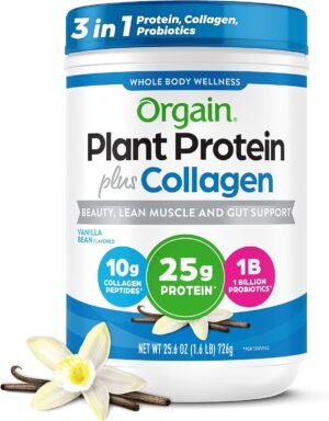 Orgain Protein Powder + Collagen, Vanilla Bean – 25g of Protein, 10g Collagen Peptides, Type I & III, 1B CFU Probiotics, Supports Hair, Skin, Nail, Joint & Gut Health, Gluten Free – 1.6lb