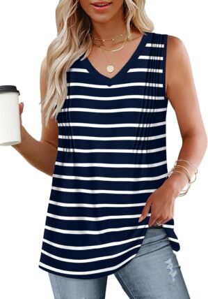 WIHOLL Summer Womens Tank Tops Loose Fit Pleated 2025 V Neck Sleeveless Tops Casual（S-3XL